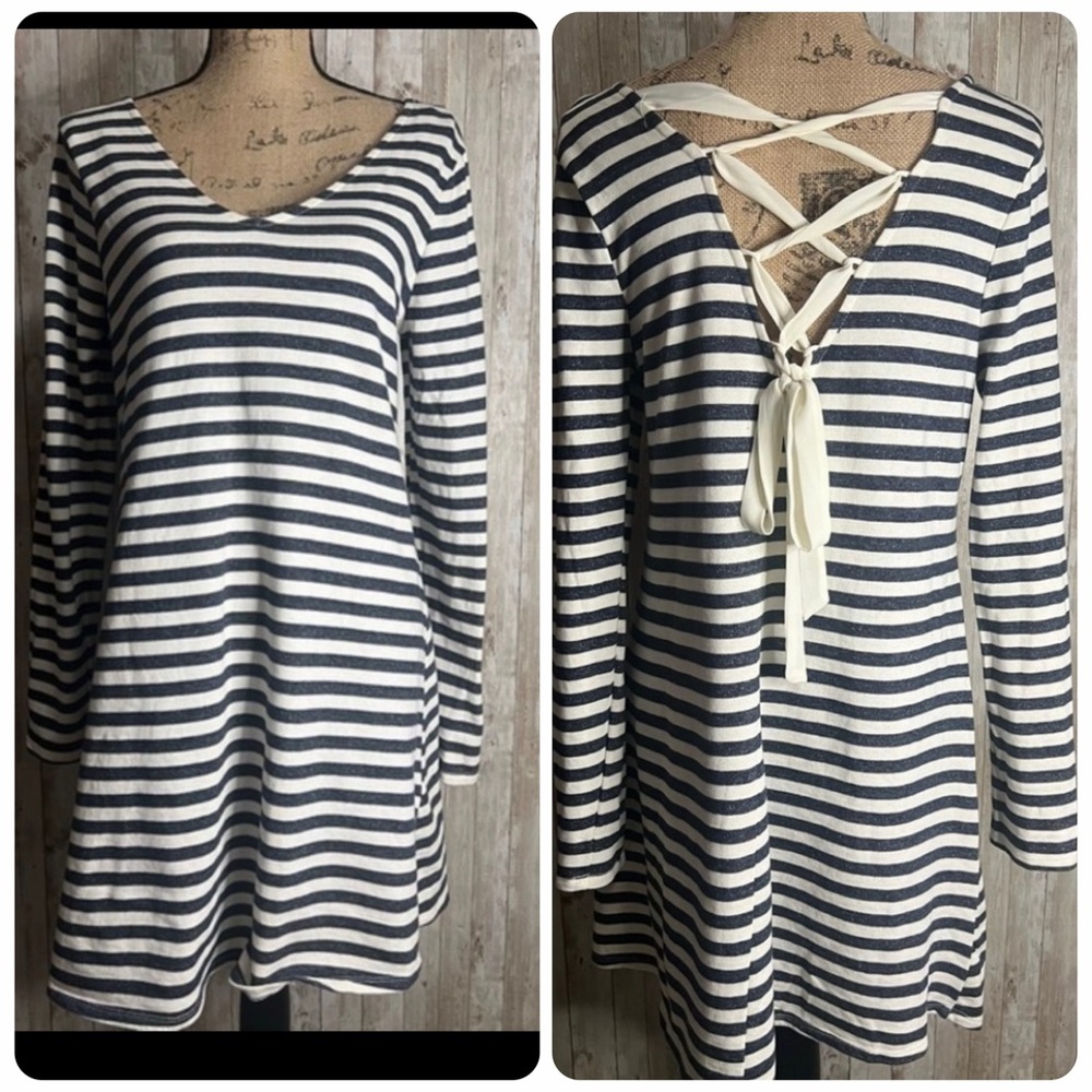 By & By Blue and White Striped V-Neck Dress